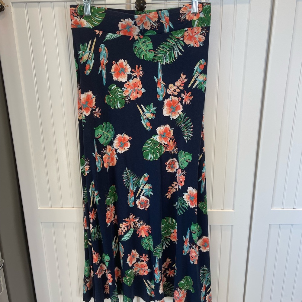 Westport Maxi Skirt 1X Navy Blue Tropical Print